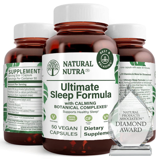 Natural Nutra Ultimate Sleep Formula bottle in amber glass promotes calmer nights