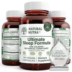 Natural Nutra Ultimate Sleep Formula bottle in amber glass promotes calmer nights