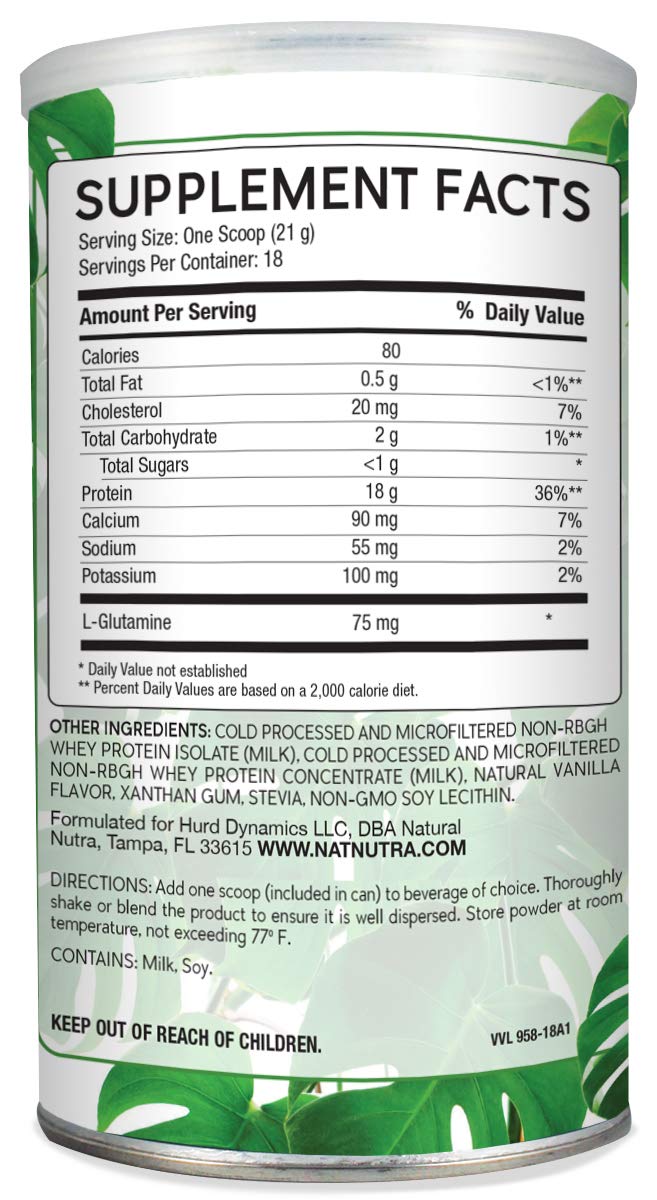 Natural Nutra vanilla whey powder bottle highlighting gluten-free, non-GMO formula