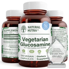 Natural Nutra vegan glucosamine bottle highlighting plant-based joint support for daily activity.