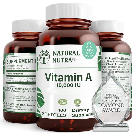 Natural Nutra Vitamin A softgels bottle front supports eye health and skin vitality.