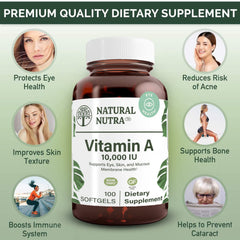 Natural Nutra Vitamin A bottle with gluten-free label emphasizing purity for sensitive diets.