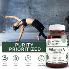 Lifestyle shot of daily routine with Natural Nutra Vitamin A supporting clear, radiant skin.