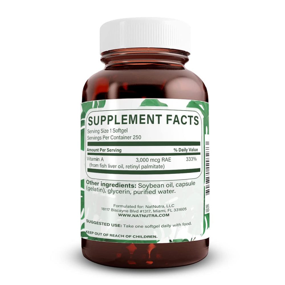 Natural Nutra Vitamin A softgels closeup emphasizing easy-to-swallow daily use.