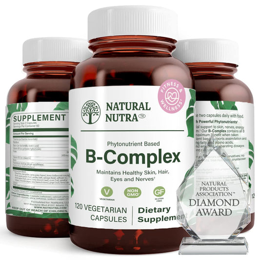 Natural Nutra Vitamin B Complex bottle amber glass for energy support.