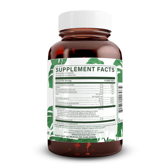 Natural Nutra Vitamin B Complex capsules closeup showing easy to swallow vegan formula.