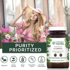 Natural Nutra Vitamin B Complex label on bottle notes gluten and dairy free.