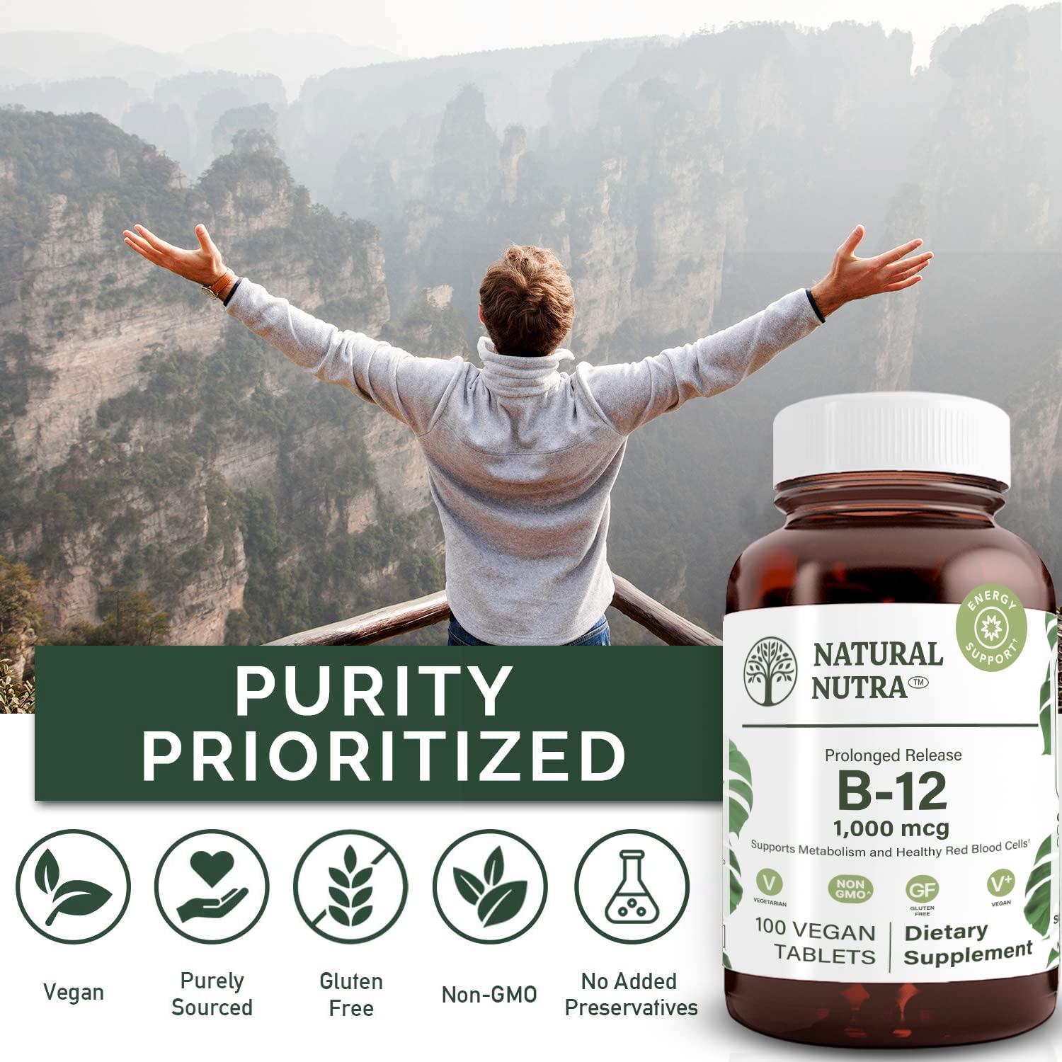 Amber glass bottle of Natural Nutra B12 1000 mcg with BPA-free packaging.