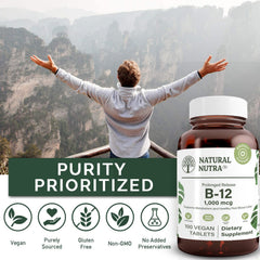 Amber glass bottle of Natural Nutra B12 1000 mcg with BPA-free packaging.