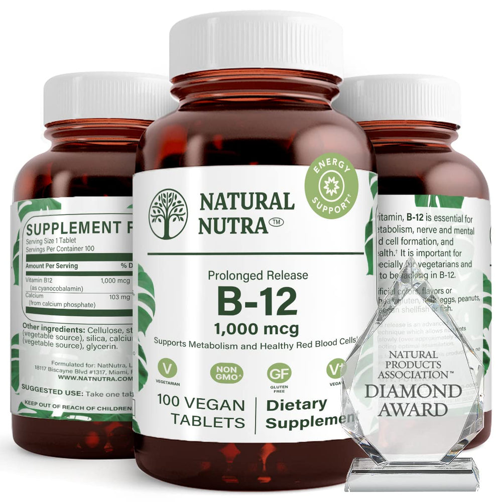 Natural Nutra Vitamin B12 1000 mcg bottle on shelf, supporting energy levels.