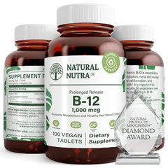 Natural Nutra Vitamin B12 1000 mcg bottle on shelf, supporting energy levels.