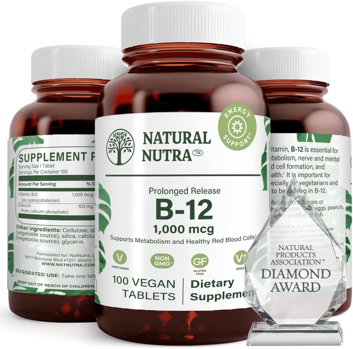 Natural Nutra B12 1000 mcg tablets shown for metabolism support.