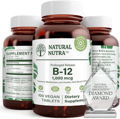 Natural Nutra B12 1000 mcg tablets shown for metabolism support.