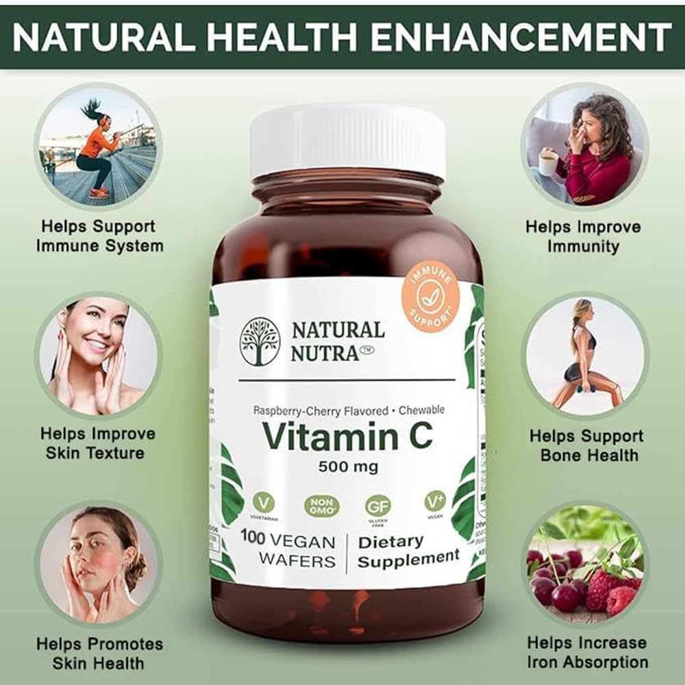 Amber glass bottle from Natural Nutra Vitamin C wafers emphasizes BPA-free packaging.