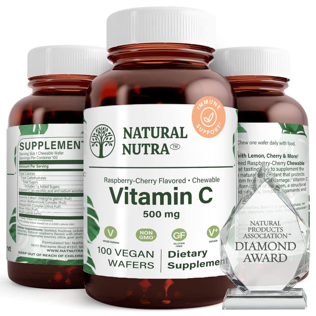 Natural Nutra Vitamin C wafers bottle front highlighting 500 mg for daily immune support.