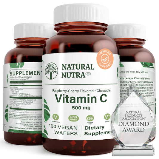 Natural Nutra Vitamin C wafers bottle front highlighting 500 mg for daily immune support.