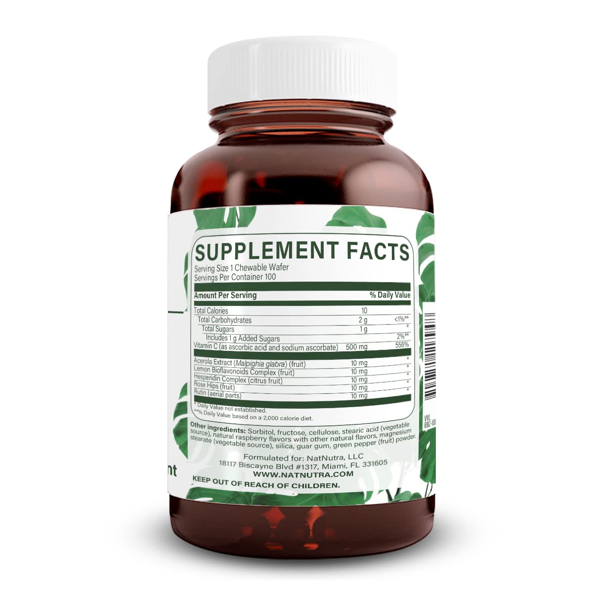 Natural Nutra Vitamin C wafers close-up shows raspberry-cherry flavor for tasty daily use.