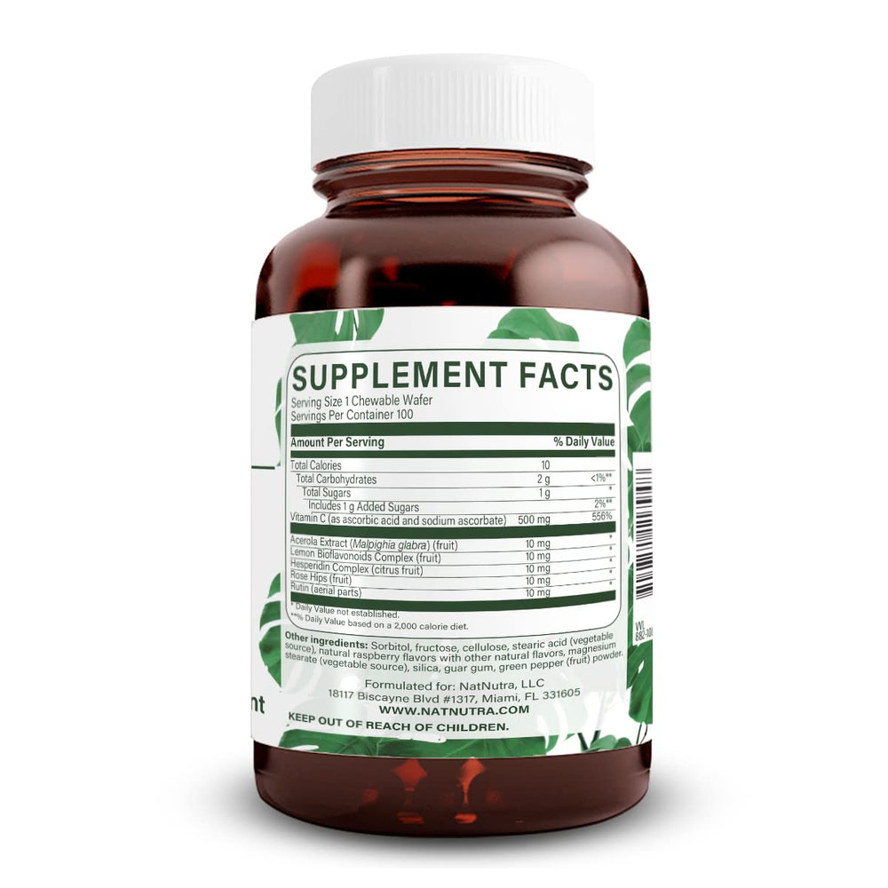 Natural Nutra Vitamin C wafers close-up shows raspberry-cherry flavor for tasty daily use.