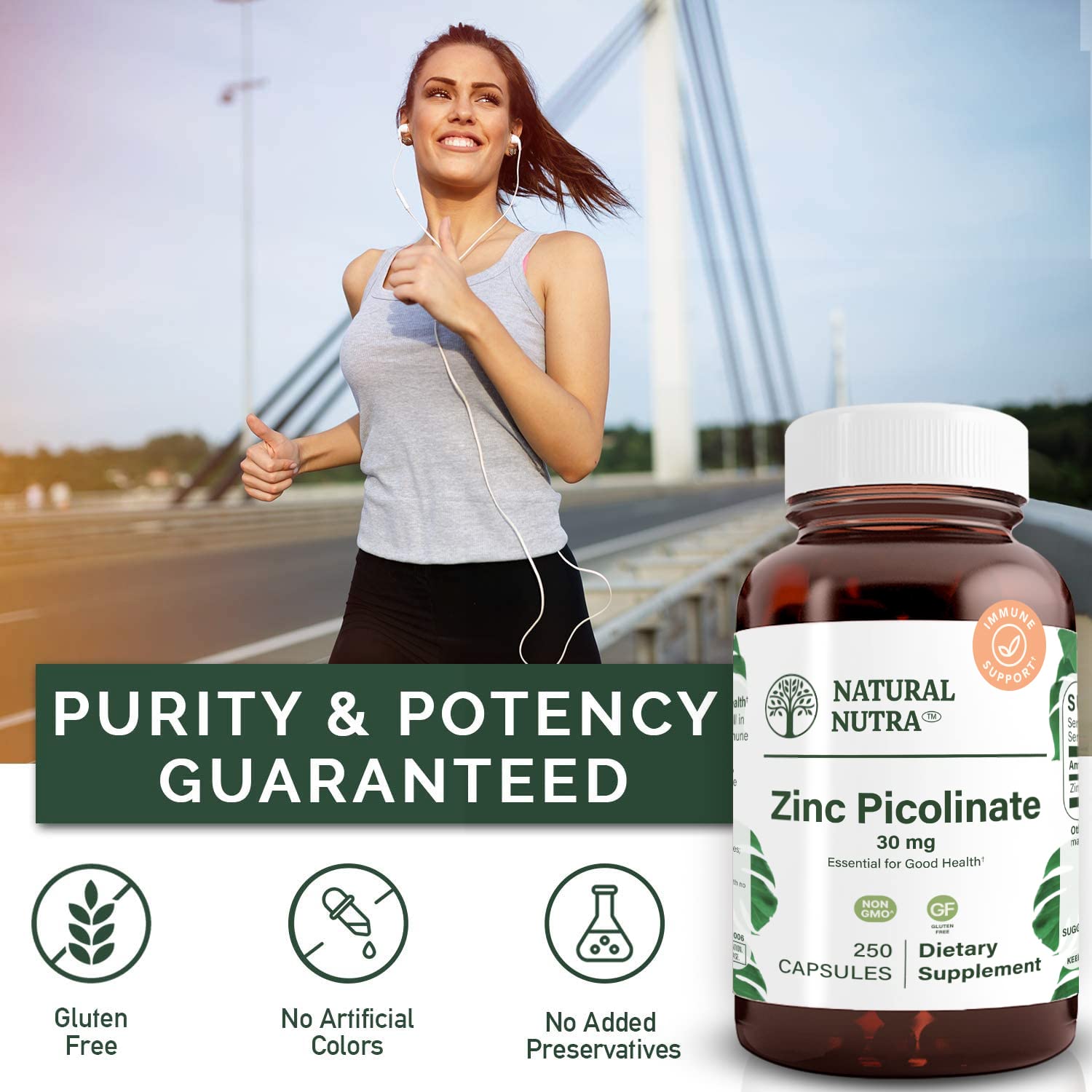 Natural Nutra Zinc Picolate 30mg amber glass bottle signaling BPA-free packaging