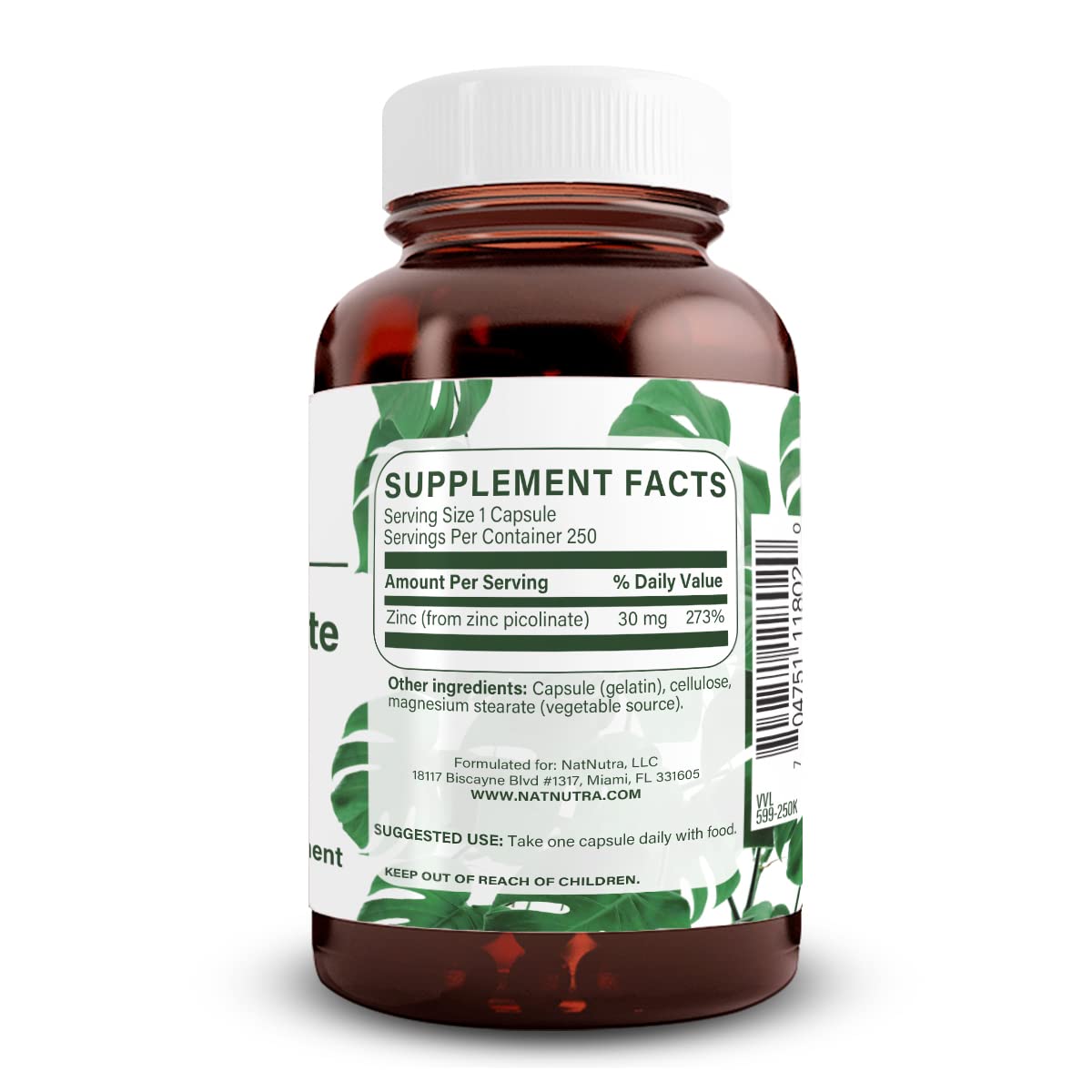 Natural Nutra Zinc Picolinate 30mg label close-up with dosage details