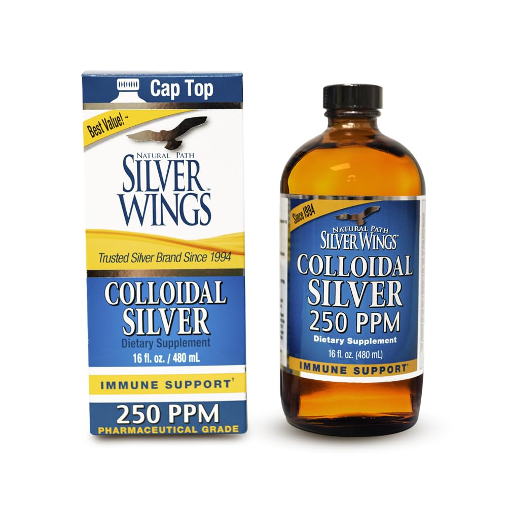 Natural Path Silver Wings colloidal silver bottle pour highlights precise dosing.