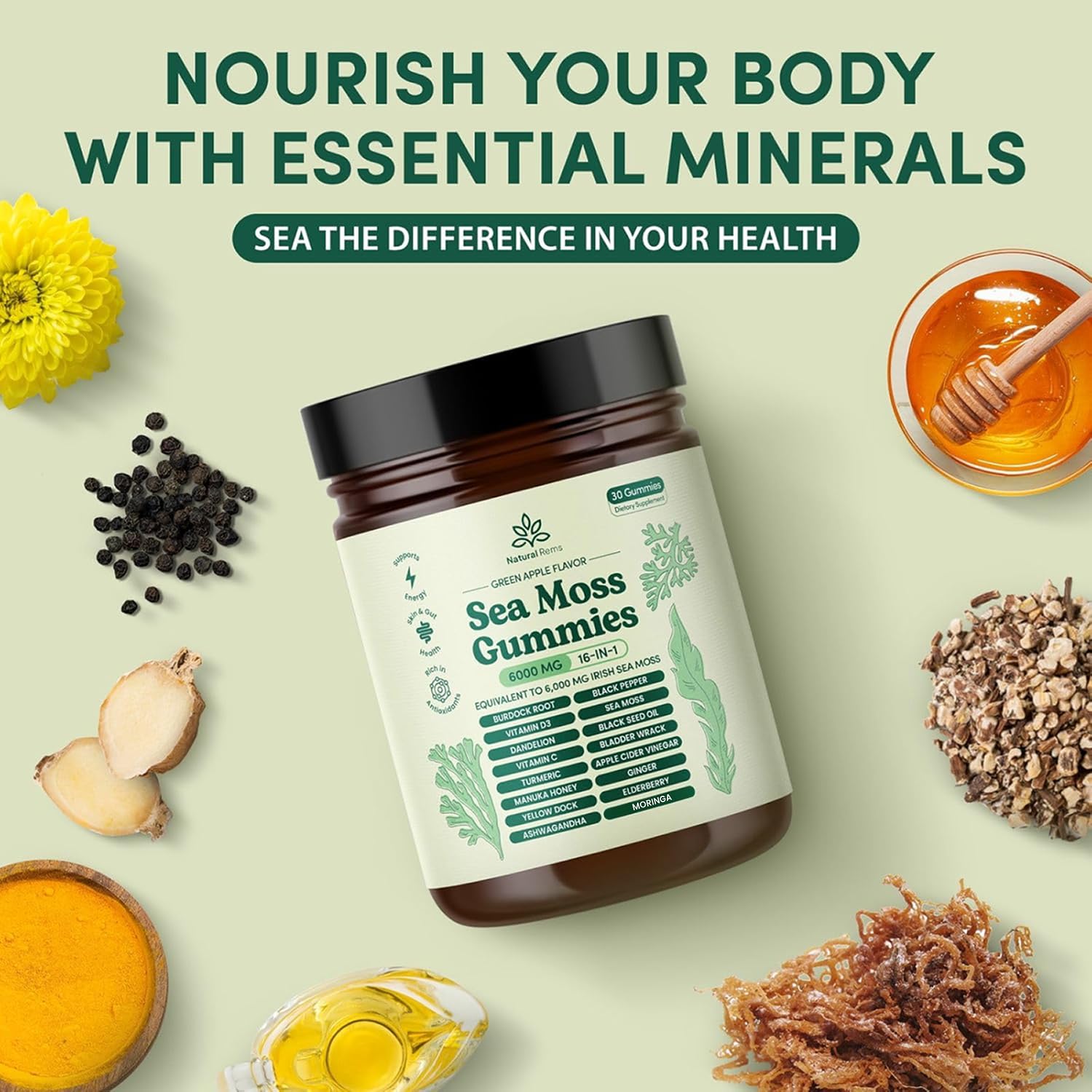 Natural Rems Sea Moss Gummies label highlighting the 16-in-1 blend.