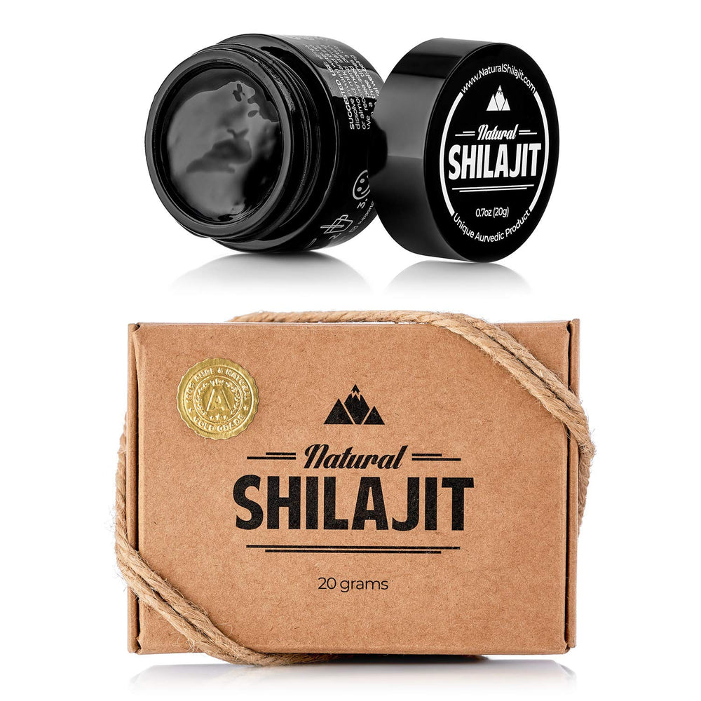 NATURAL SHILAJIT resin in a glass jar from Altai, pure and ready for daily use.