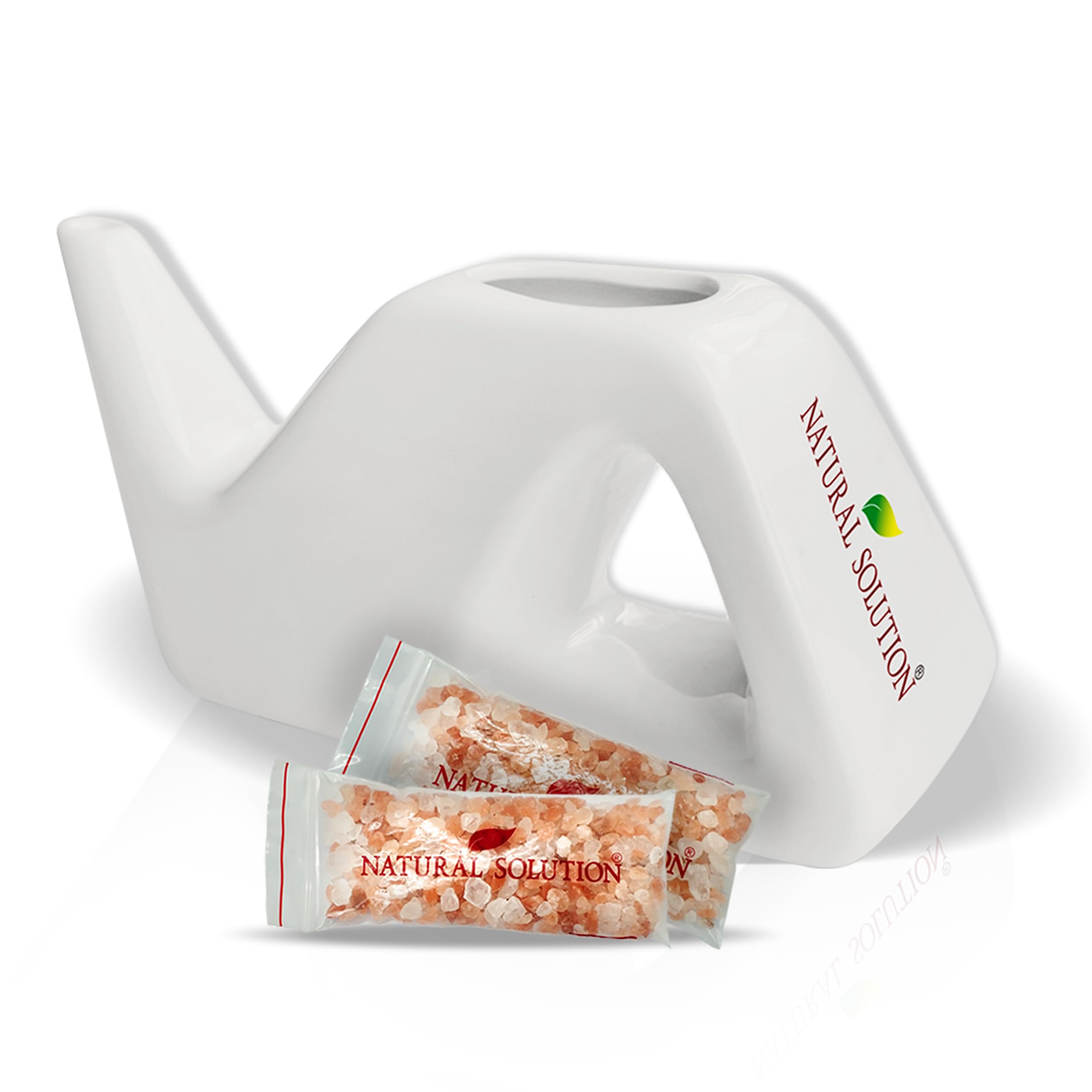 Natural Solution ceramic neti pot angled view illustrates ergonomic design for gentle nasal irrigation.