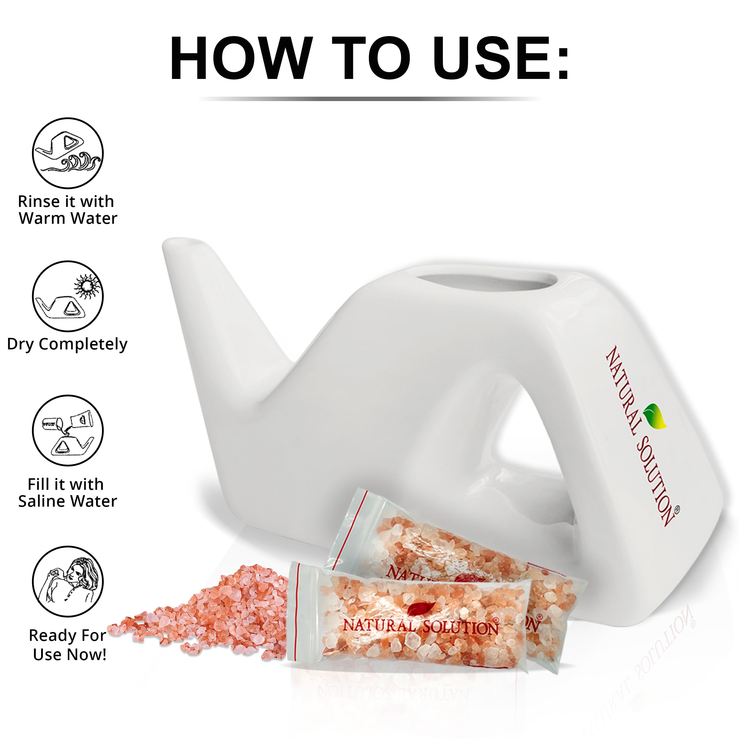 Natural Solution ceramic neti pot open lid demonstrates easy fill with saline.