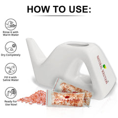 Natural Solution ceramic neti pot open lid demonstrates easy fill with saline.