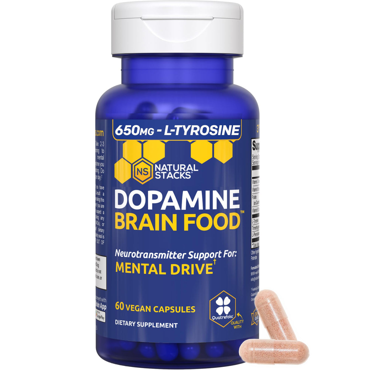 NATURAL STACKS Dopamine bottle front showing product branding for focus support