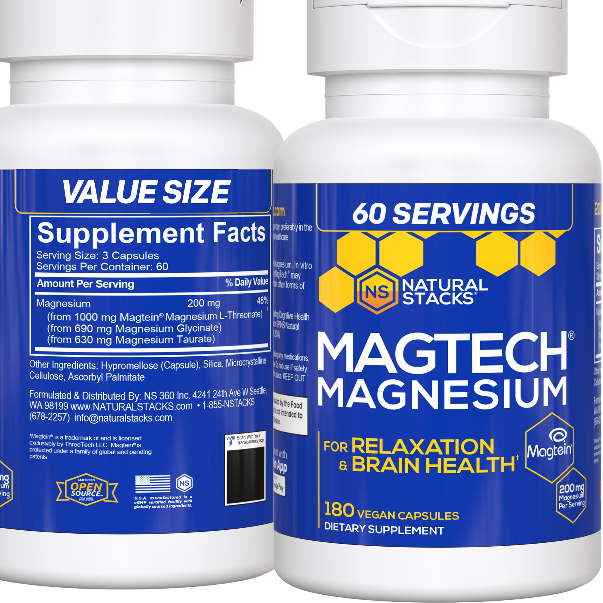 Natural Stacks MagTech bottle label showing triple magnesium blend for brain support.