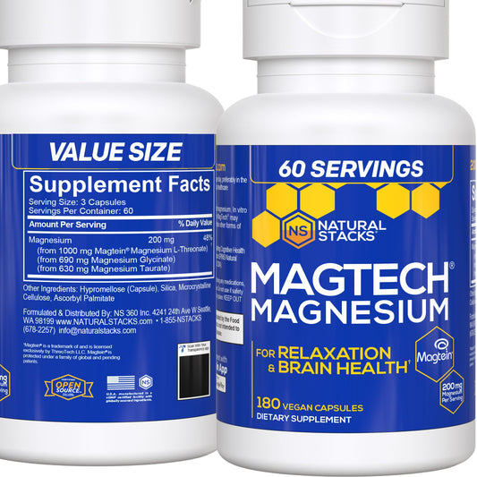 Natural Stacks MagTech bottle label showing triple magnesium blend for brain support.