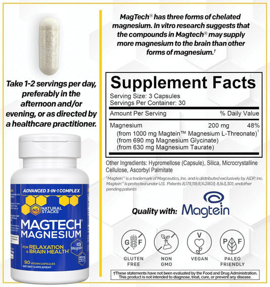 Natural Stacks MagTech capsules closeup emphasizes triple magnesium blend for better absorption.