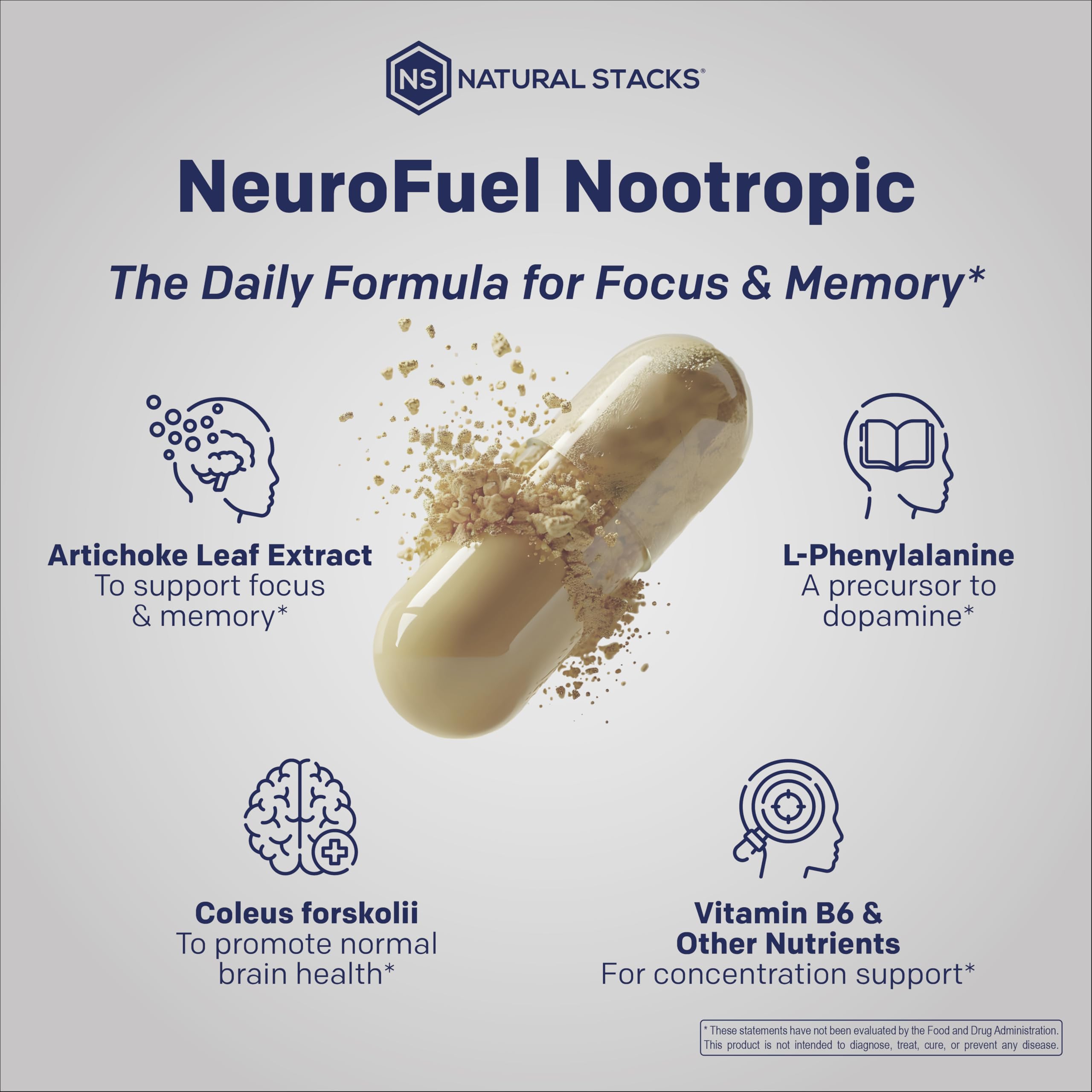 Natural Stacks NeuroFuel acetyl L-Carnitine ingredient closeup for brain focus