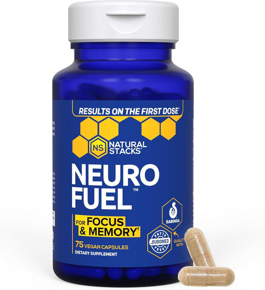 Natural Stacks NeuroFuel bottle closeup highlighting focus and memory support