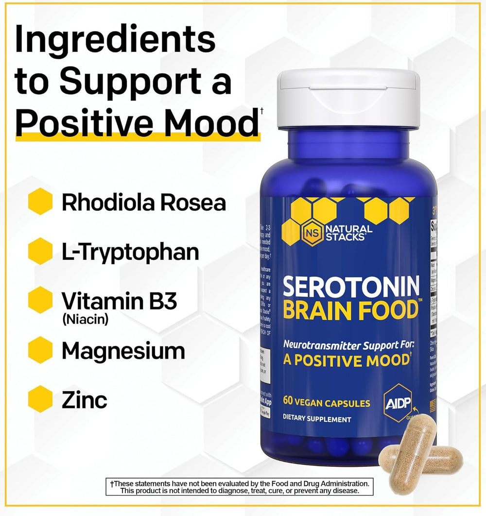 NATURAL STACKS Serotonin Brain Food packaging flatlay with branding