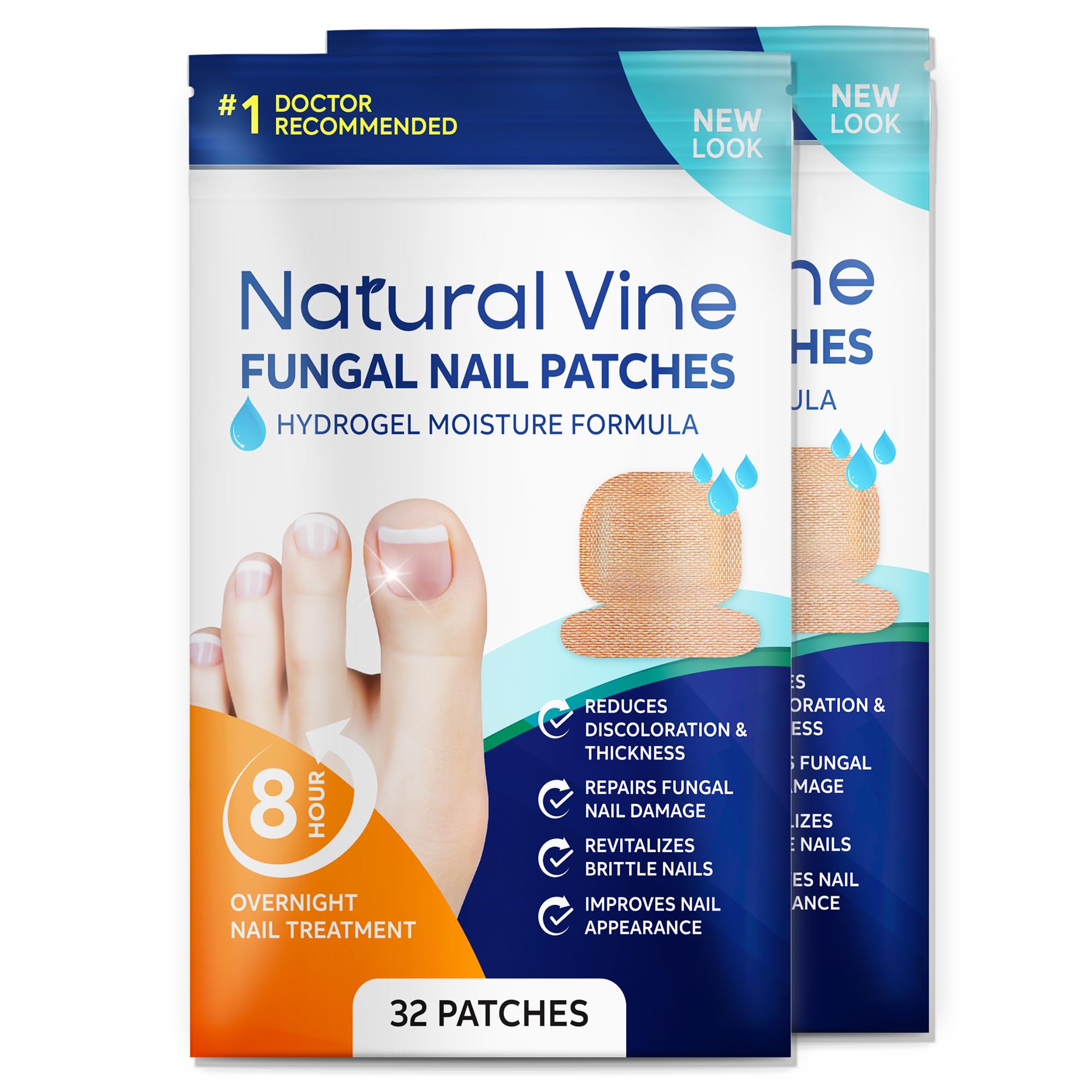 Natural Vine Toenail Patches pack front shows 32 patches for convenient treatment