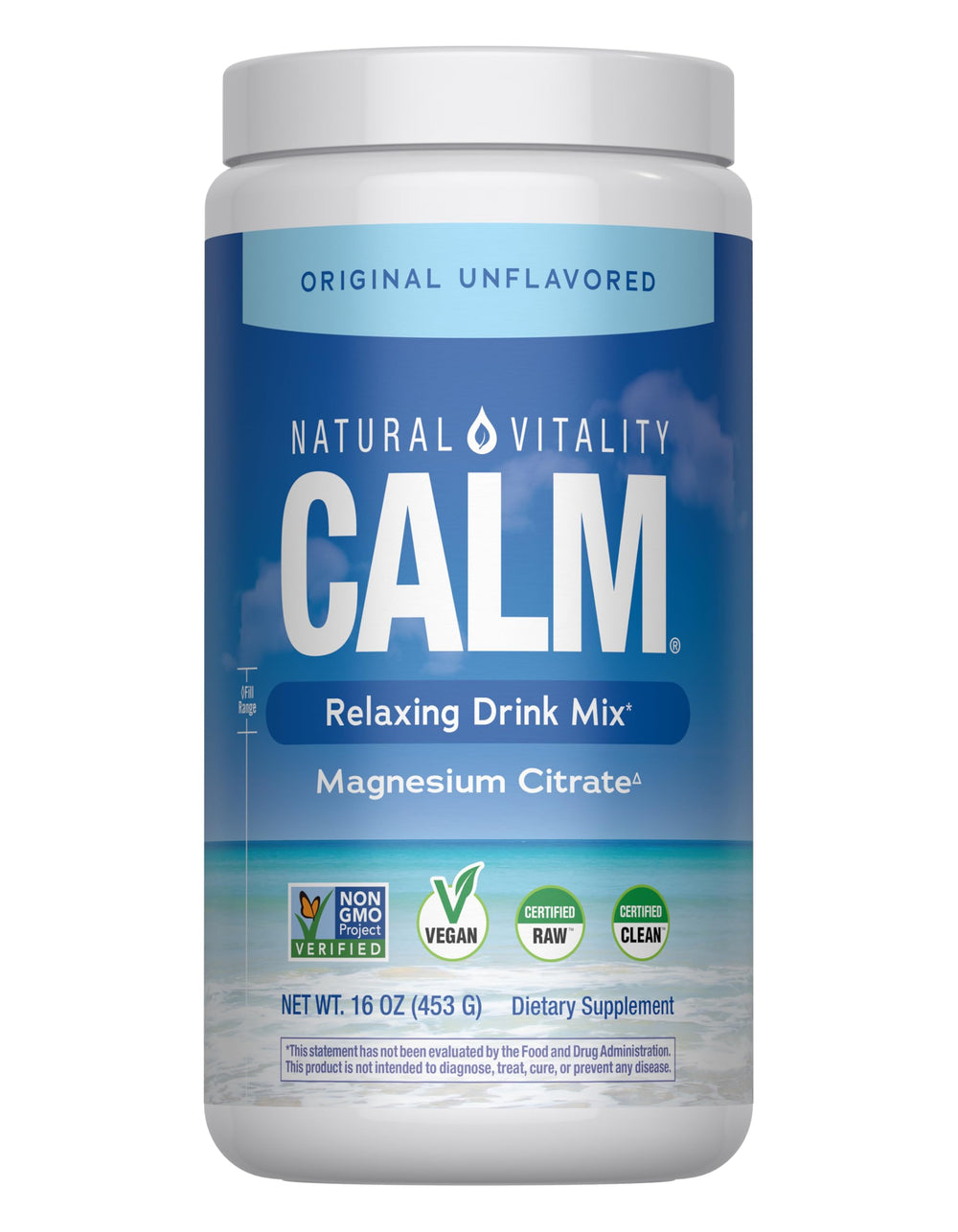 Natural Vitality CALM bottle pour shows a calming magnesium drink for stress support.