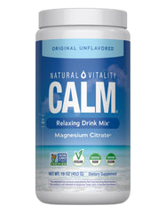 Natural Vitality CALM bottle pour shows a calming magnesium drink for stress support.