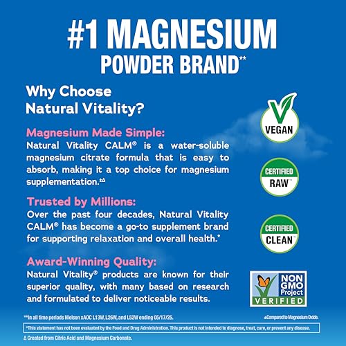 Close-up of Natural Vitality CALM label highlighting vegan and gluten-free features.