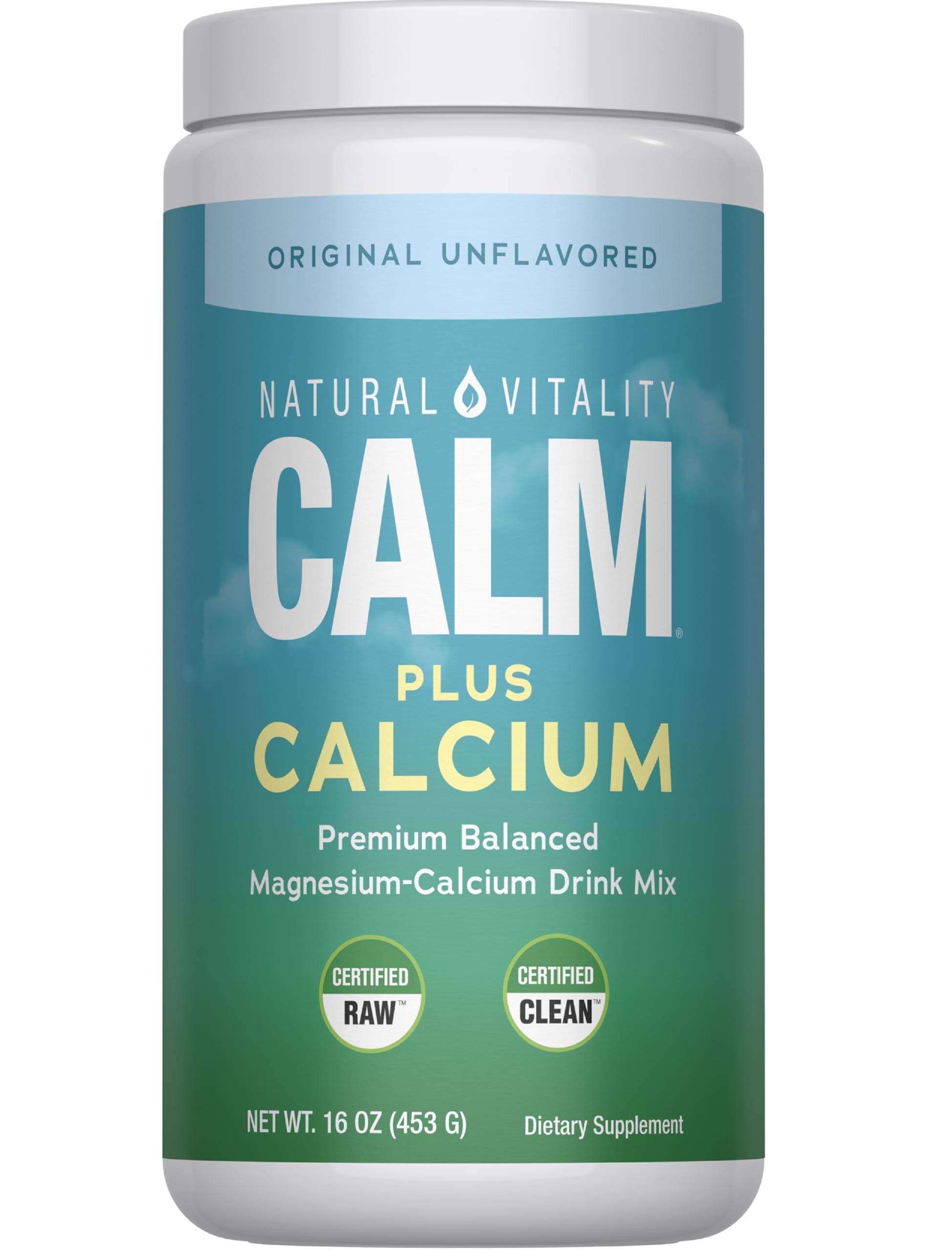 Natural Vitality CALM bottle with magnesium drink mix for a calming moment.