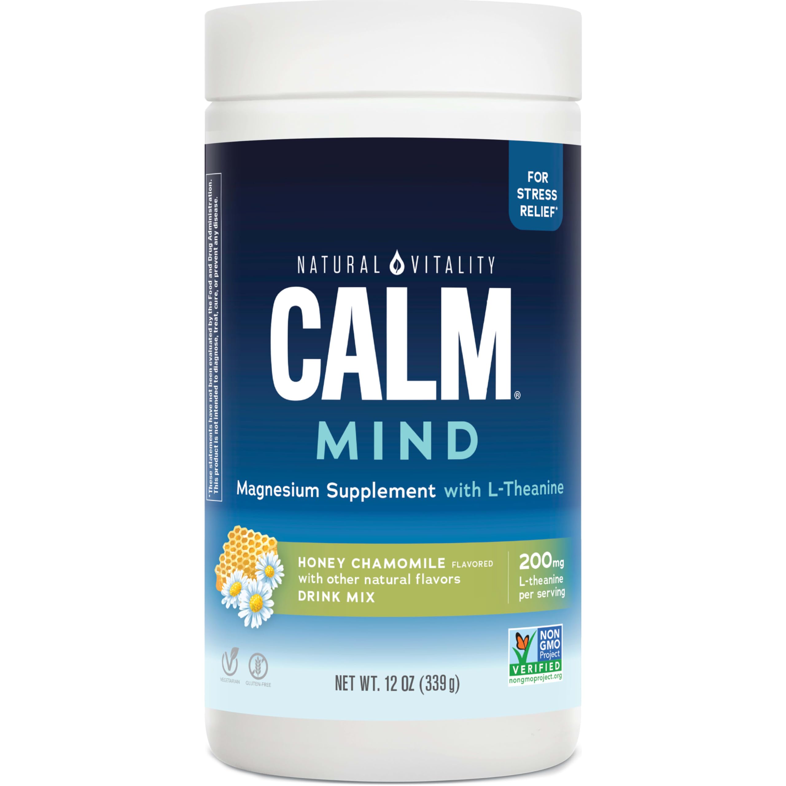 Natural Vitality CALM Mind bottle label shows honey chamomile flavor for a calming sip
