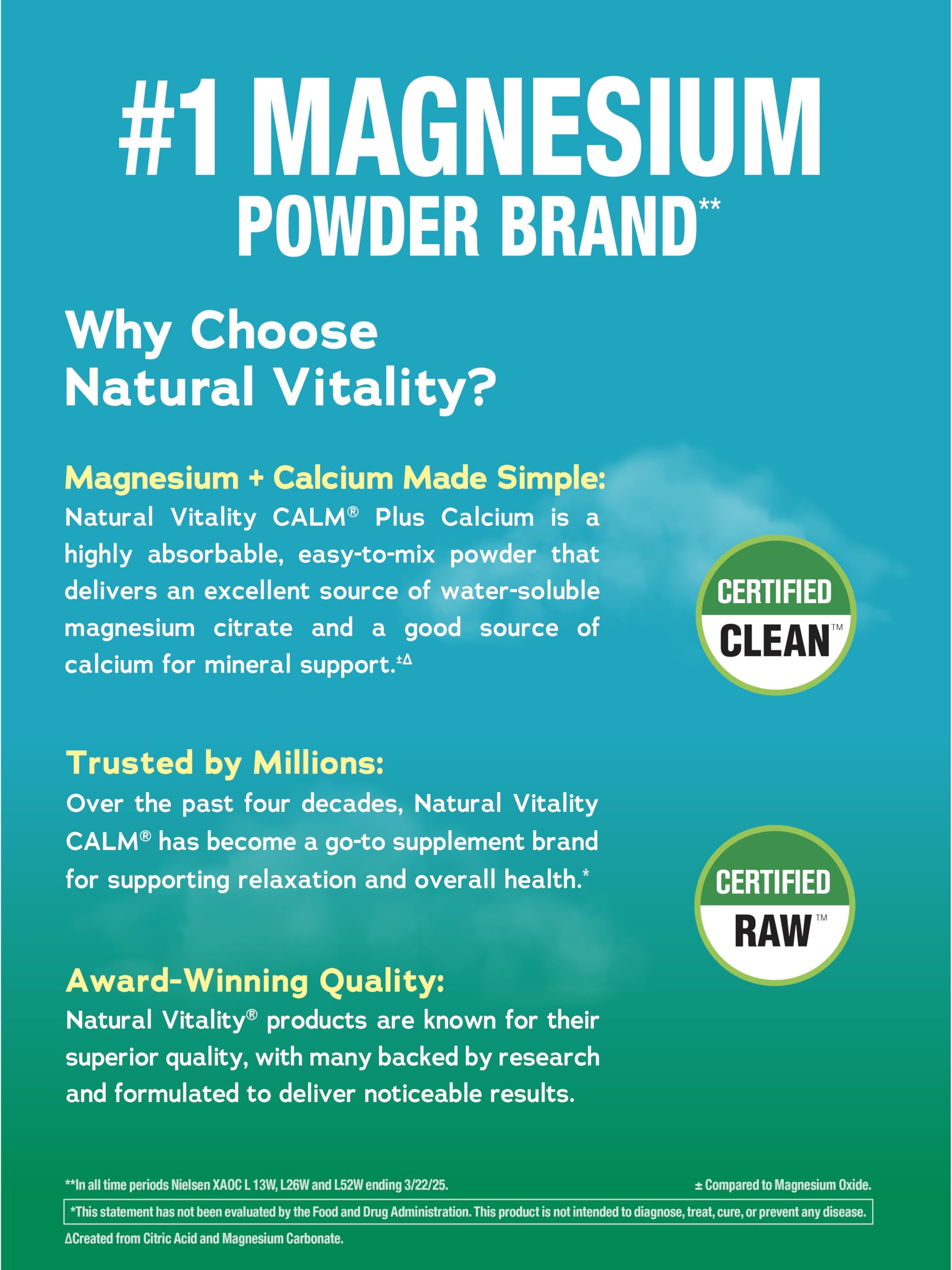Non-GMO verified CALM packaging on Natural Vitality bottle.