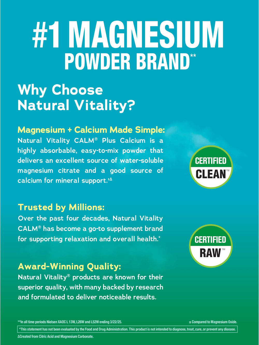Non-GMO verified CALM packaging on Natural Vitality bottle.