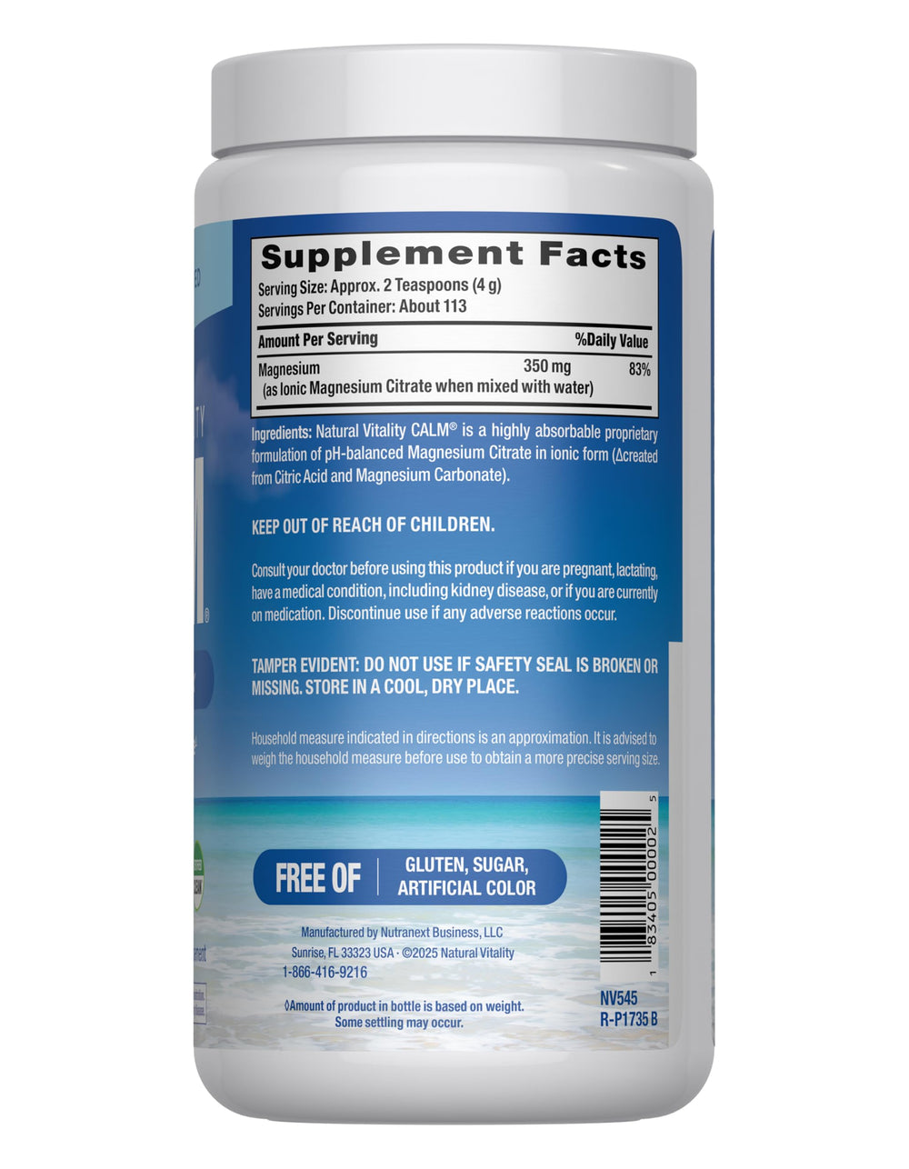 Natural Vitality CALM powder dissolving in water forms a magnesium citrate beverage.