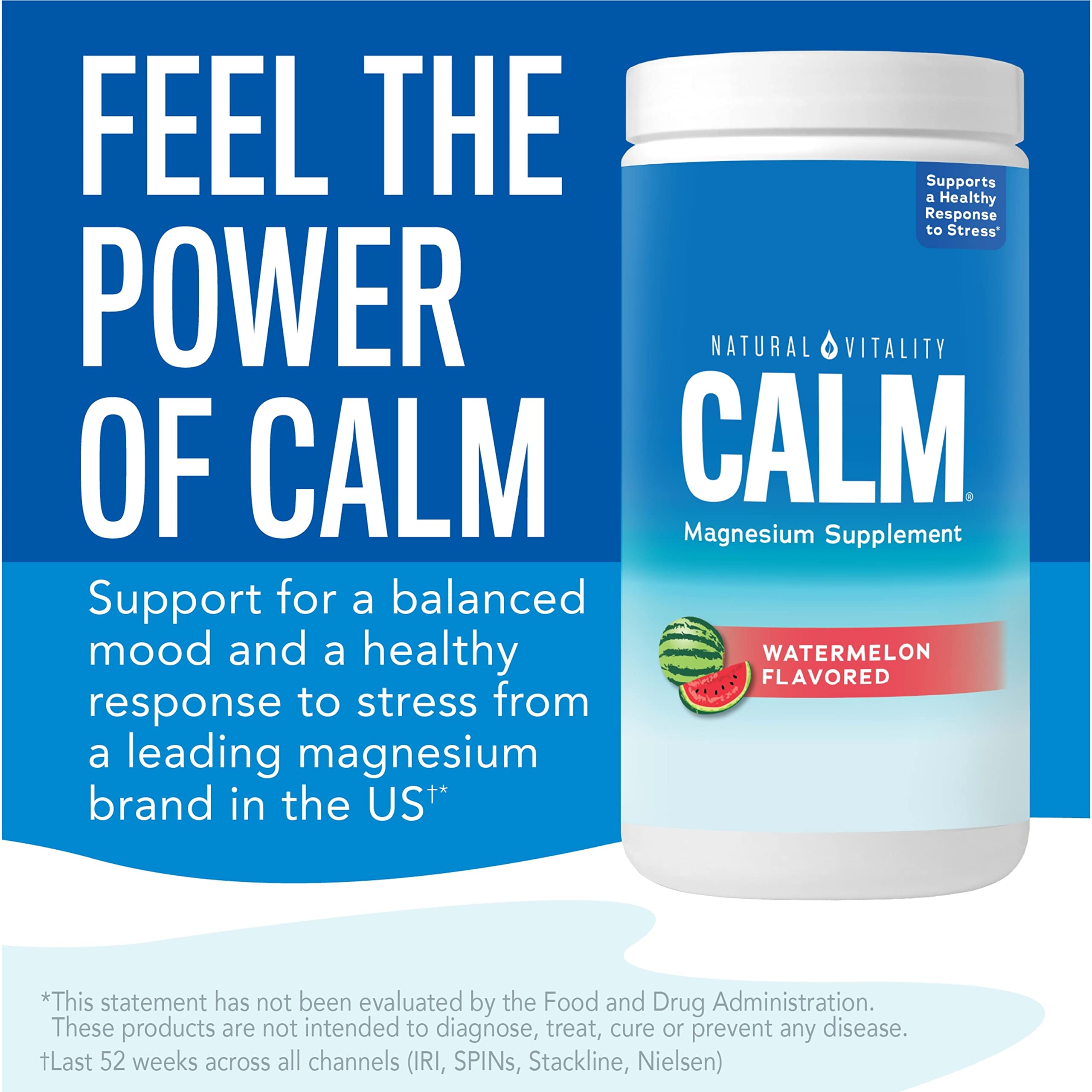 Scoop of Natural Vitality CALM powder next to the canister