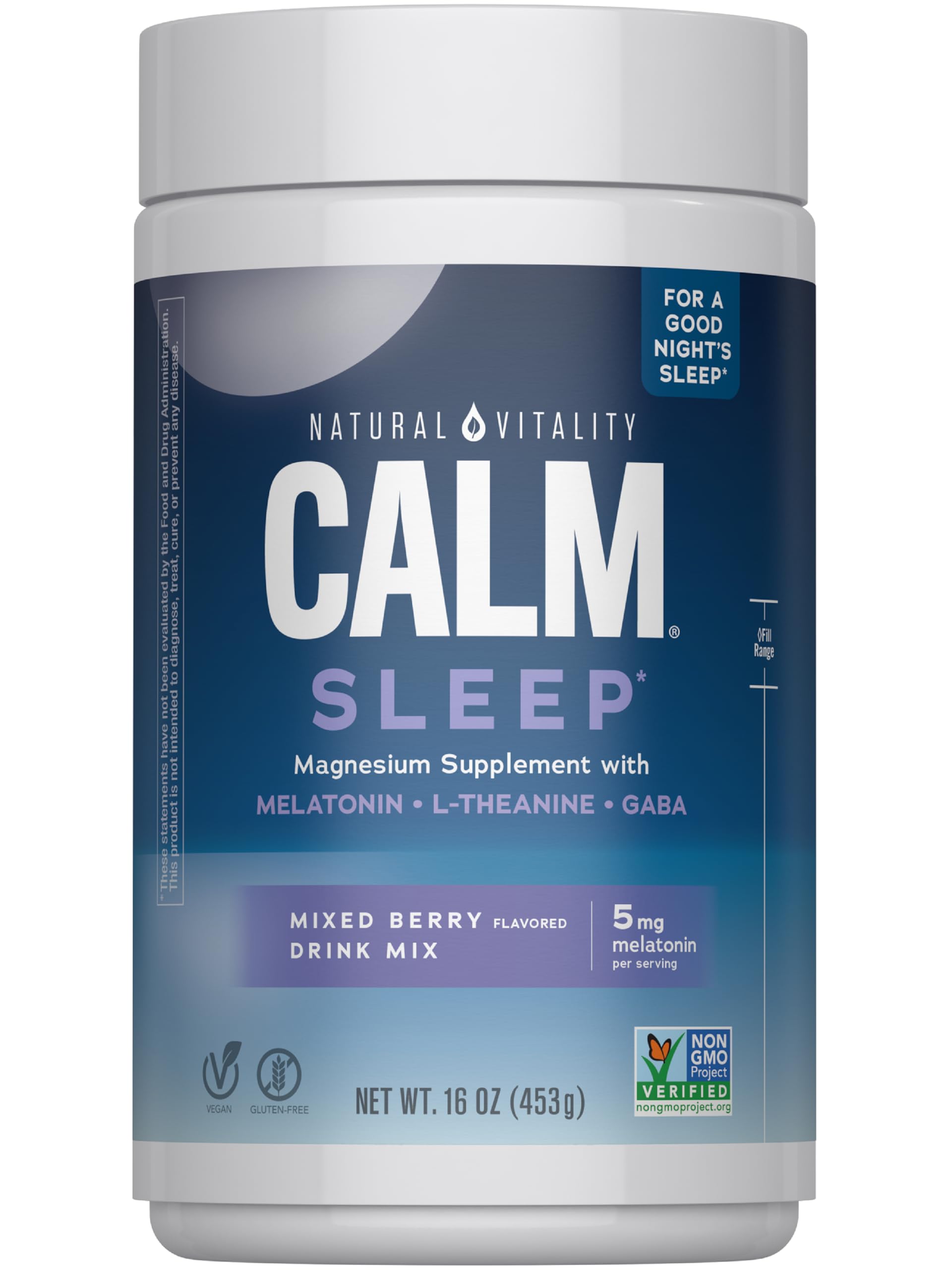 Natural Vitality Calm Sleep mixed berry powder in a tub, ideal for a relaxing bedtime ritual