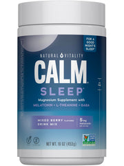 Natural Vitality Calm Sleep mixed berry powder in a tub, ideal for a relaxing bedtime ritual