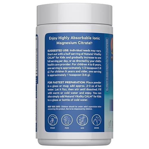 Natural Vitality Kids Calm mixed berry powder ready to mix for mood-friendly refreshment.